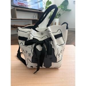 New Cat Lover Knit Tote Bag with Bow Accent Casual Shoulder Bag Drawstring